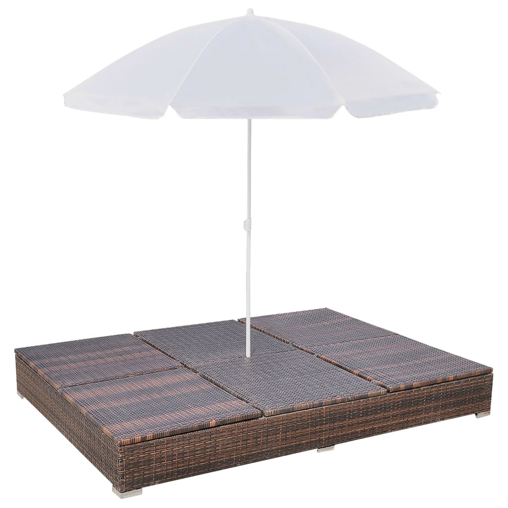 vidaXL Saulės gultas su skėčiu, poliratanas, rudas