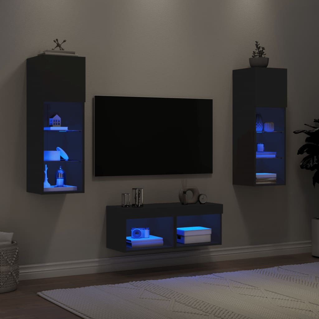 vidaXL Sieninės TV spintelės su LED lemputėmis, 4 dalių, juodos