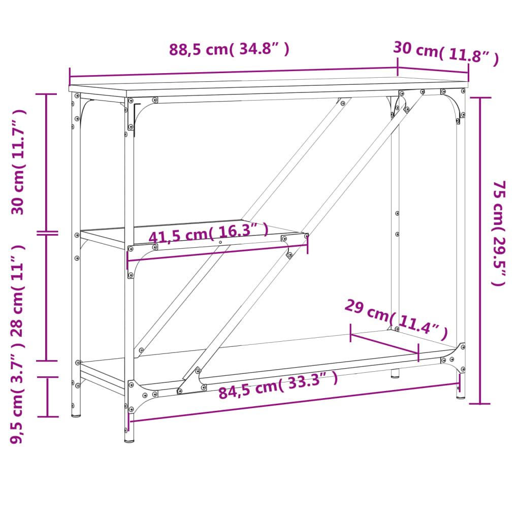 vidaXL Konsolinis staliukas, ąžuolo, 88,5x30x75cm, apdirbta mediena