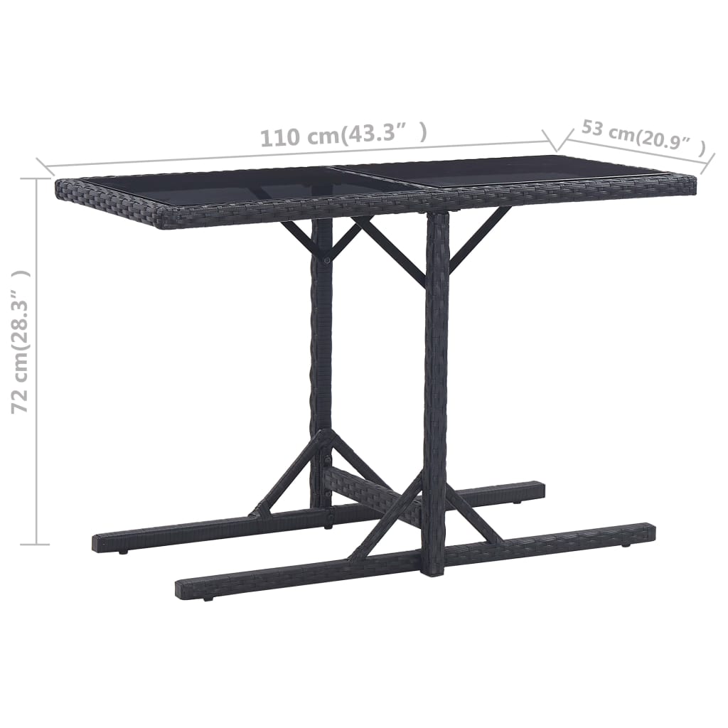 vidaXL Sodo stalas, juodos spalvos, 110x53x72cm, stiklas, poliratanas