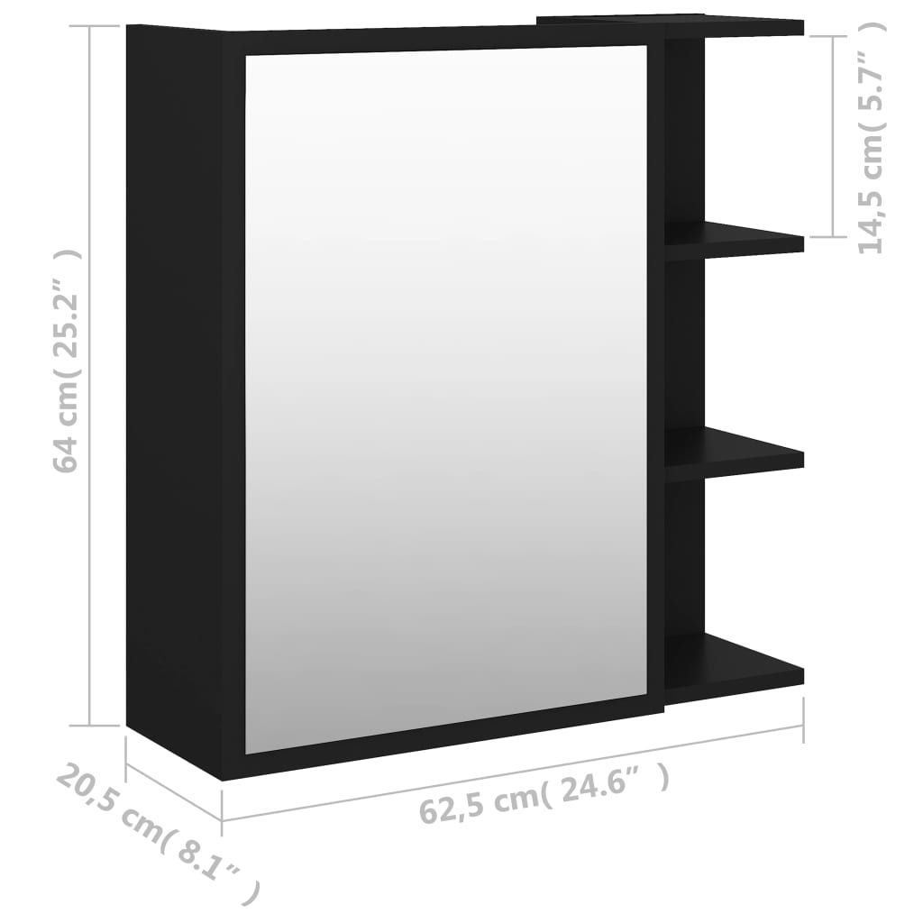 vidaXL Veidrodinė vonios kambario spintelė, juoda, 62,5x20,5x64cm, MDP