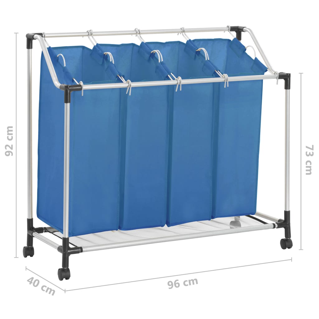 vidaXL Stovas su 4 skalbinių rūšiavimo krepšiais, mėlynas, plienas