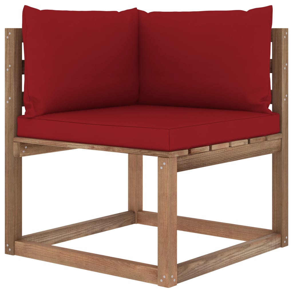 vidaXL Kampinė sodo sofa iš palečių su vyno raudonomis pagalvėlėmis