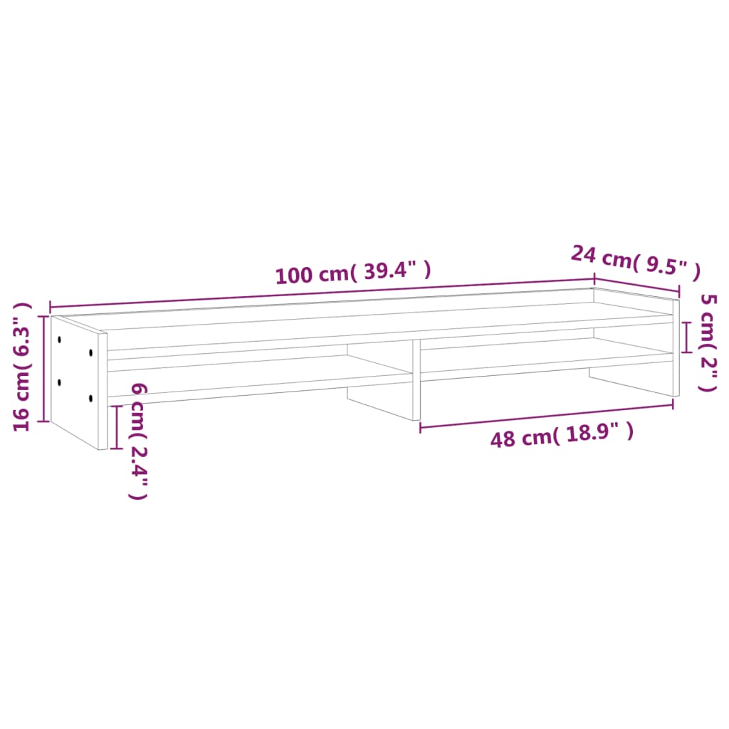 vidaXL Monitoriaus stovas, baltas, 100x24x16cm, pušies masyvas