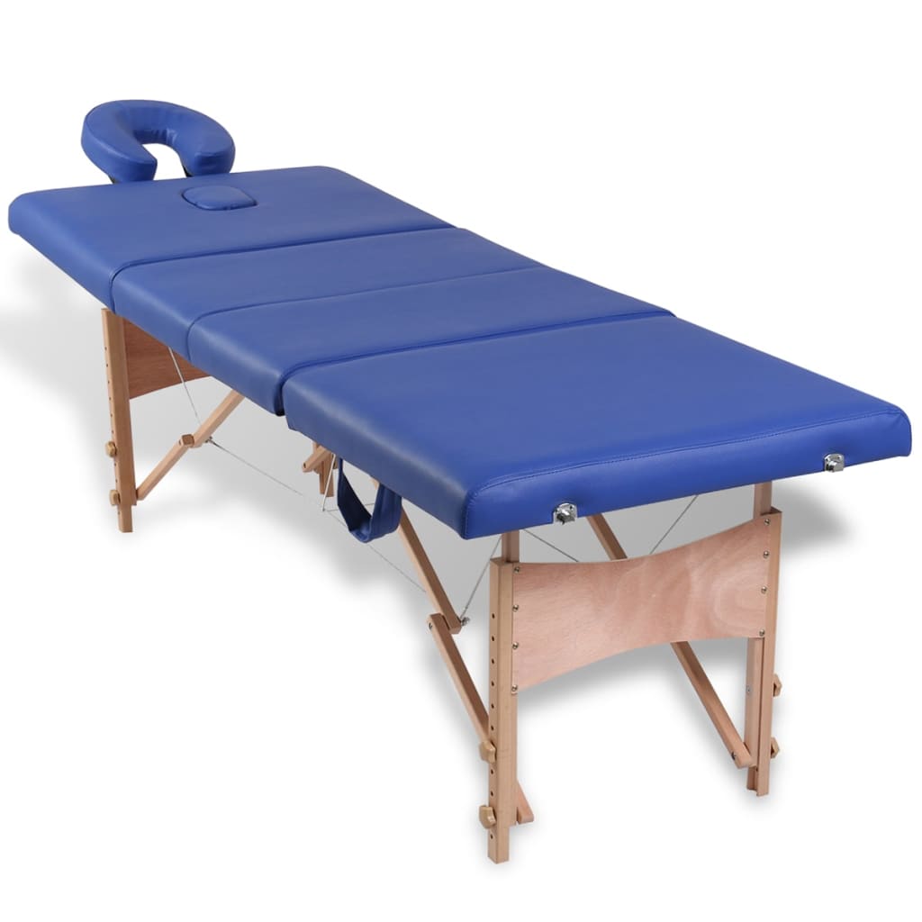 vidaXL Sulankstomas masažo stalas, mėlynas, 4 zonų, su mediniu rėmu