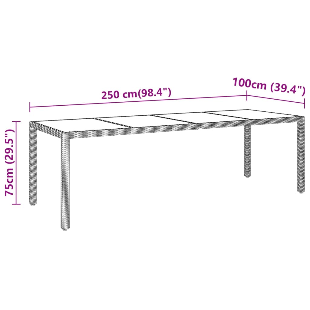vidaXL Sodo stalas, juodas, 250x100x75cm, stiklas ir poliratanas