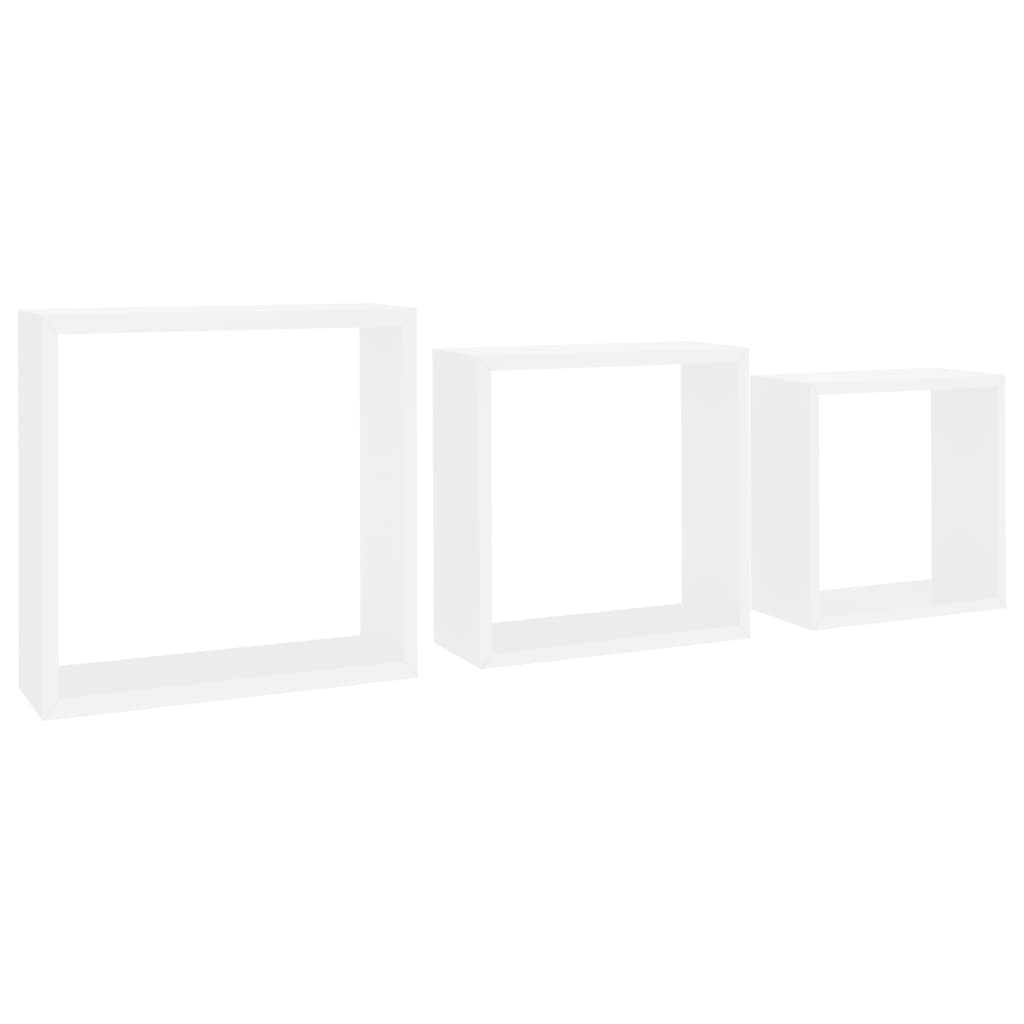 vidaXL Sieninės lentynos, 3vnt., baltos spalvos, MDF, kubo formos