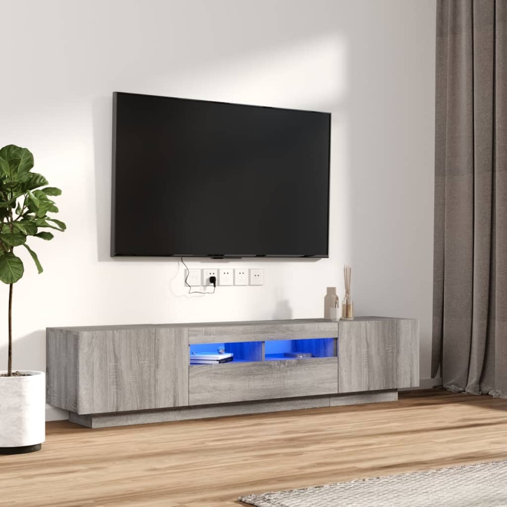 vidaXL TV spintelių komplektas su LED, 2 dalių, pilkas ąžuolo, mediena