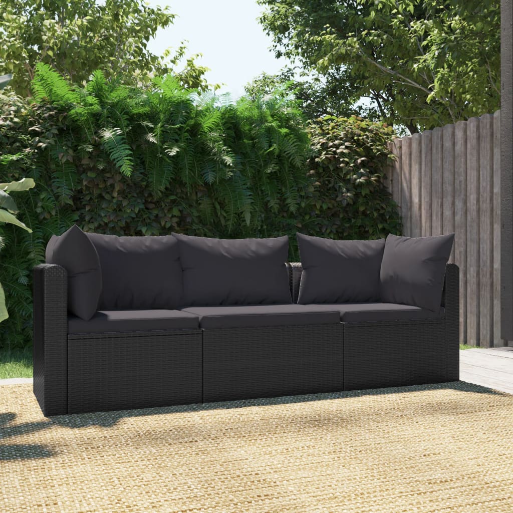 vidaXL Sodo sofos komplektas su pagalvėlėmis, 3 dalių, juodas, ratanas