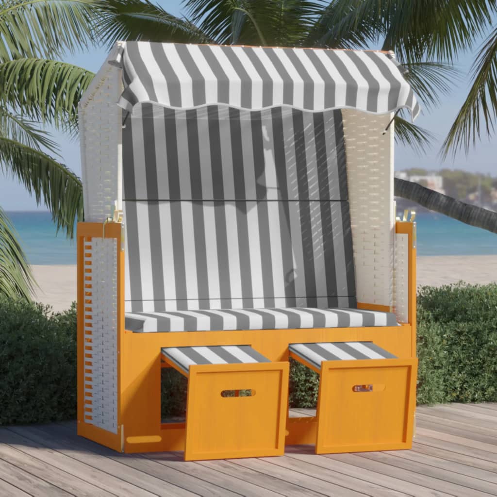 vidaXL Paplūdimio kėdė su stogeliu, balta/pilka, poliratanas/mediena