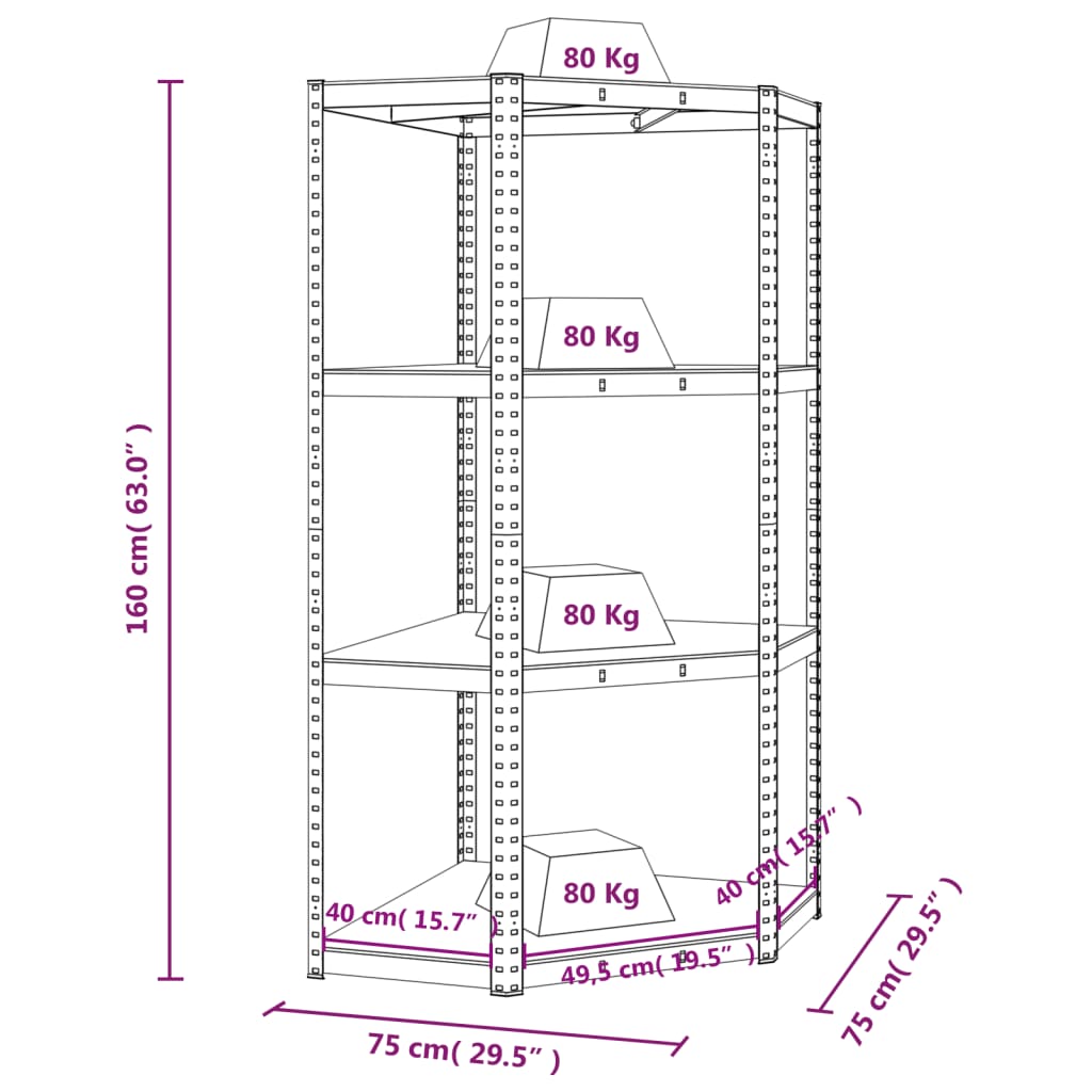 vidaXL Kampinė lentyna, 4 aukštų, antracito, plienas ir mediena