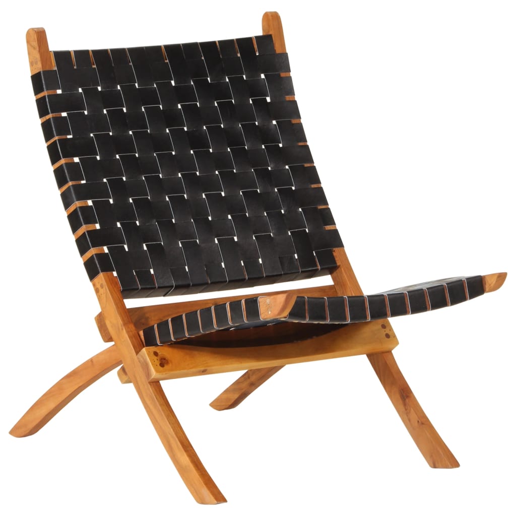 vidaXL Sulankstoma poilsio kėdė, juodos spalvos, tikra oda