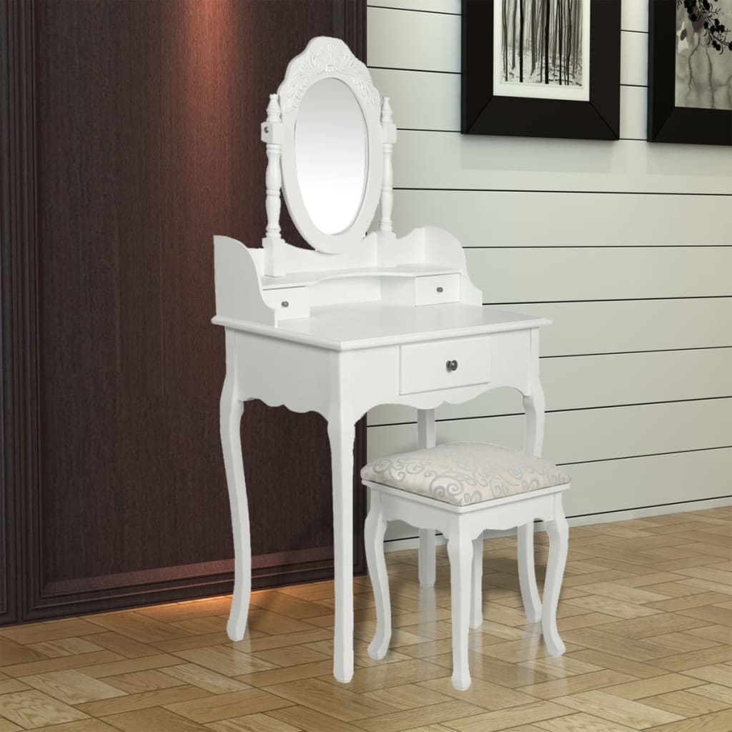 vidaXL Kosmetinis staliukas su veidrodžiu ir kėdute, baltos spalvos