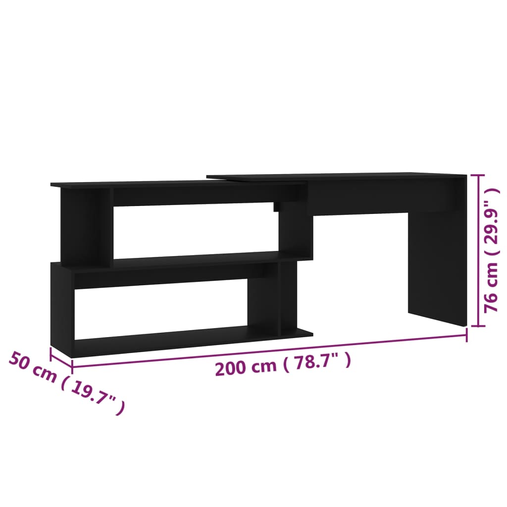 vidaXL Kampinis rašomasis stalas, juodas, 200x50x76cm, MDP