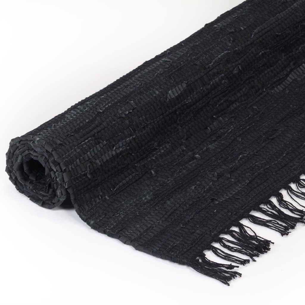 vidaXL Rankomis austas Chindi kilimėlis, oda, 190x280cm, juodas