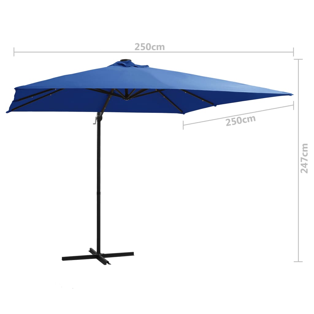 vidaXL Gembinis skėtis su LED/plieniniu stulpu, mėlynas, 250x250cm