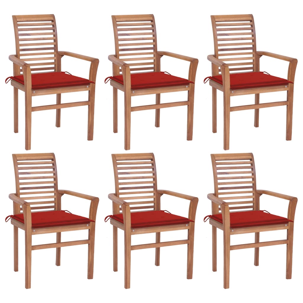 vidaXL Valgomojo kėdės su raudonomis pagalvėlėmis, 6vnt., tikmedis