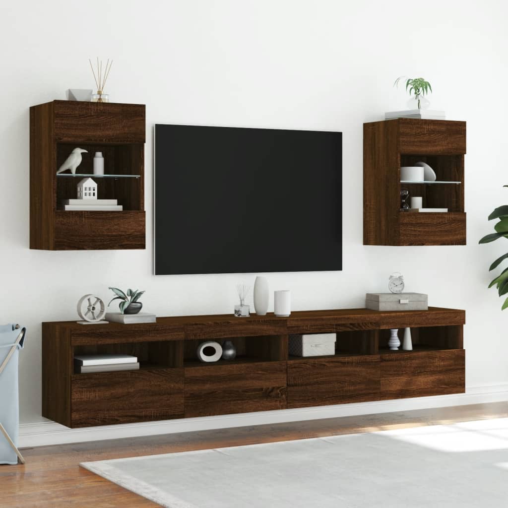 vidaXL Sieninės TV spintelės su LED, 2vnt., rudos, 40x30x60,5cm