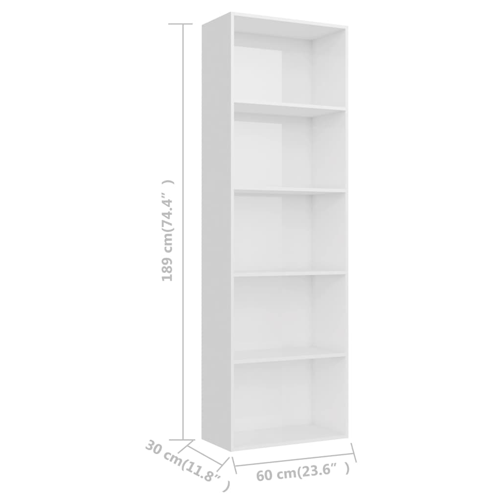 vidaXL Spintelė knygoms, 5 lentynos, balta, 60x30x189cm, MDP, blizgi