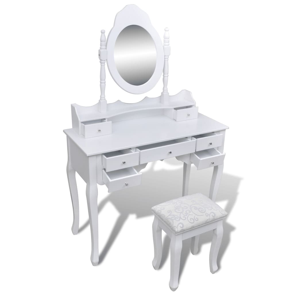 vidaXL Kosmetinis staliukas su veidrodžiu ir kėdute, 7 stalčiai, baltas