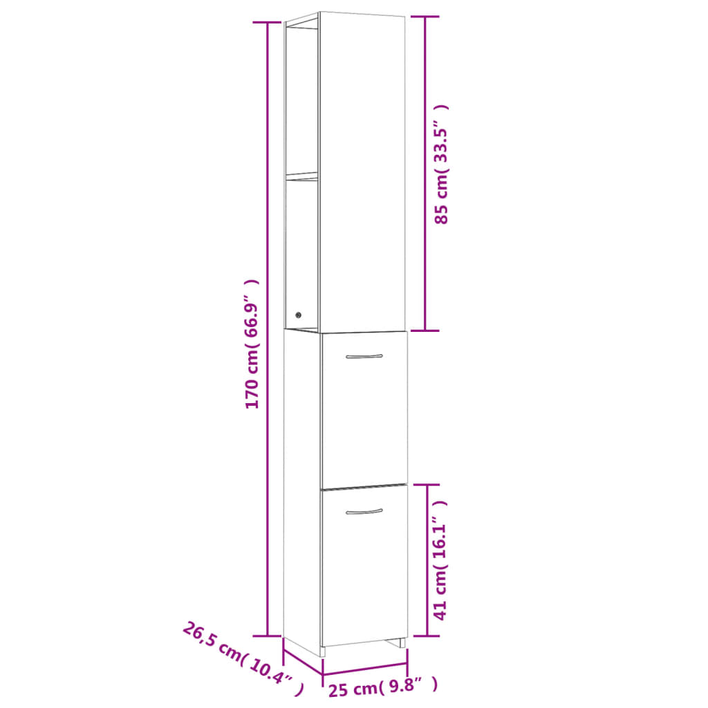 vidaXL Vonios kambario spintelė, pilka ąžuolo, 25x26,5x170 cm, mediena