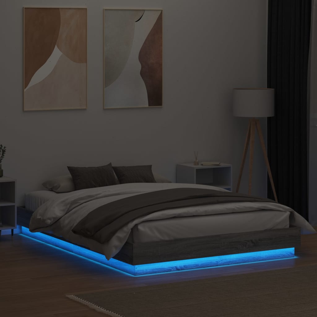 vidaXL Lovos rėmas su LED lemputėmis, pilkos ąžuolo spalvos, 140x200cm