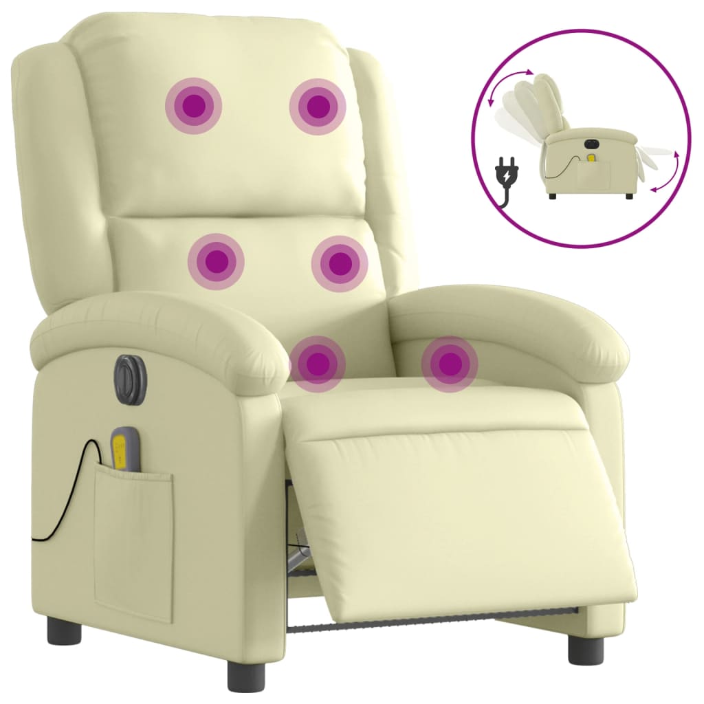 vidaXL Elektrinis atlošiamas masažinis krėslas, kreminis, tikra oda