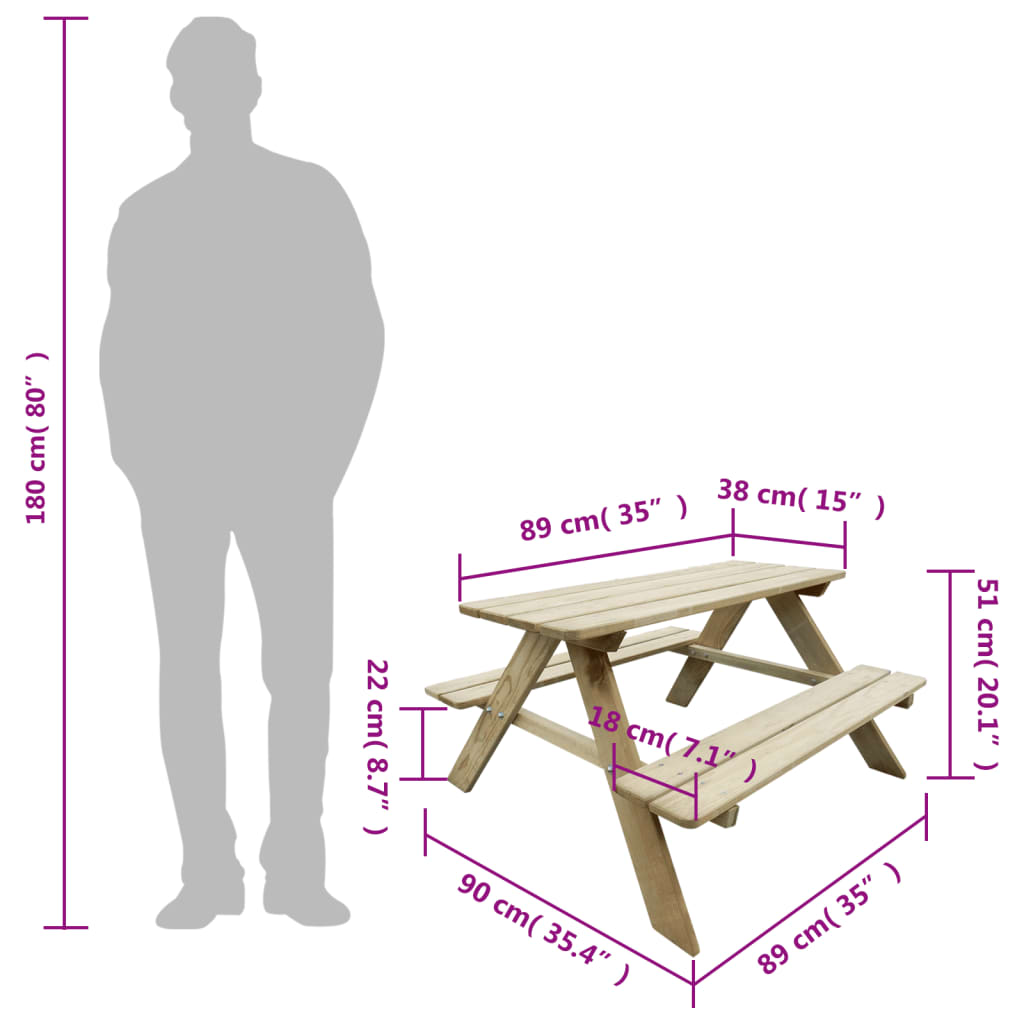 vidaXL Vaikiškas iškylos stalas 89x89,6x50,8cm, pušies mediena