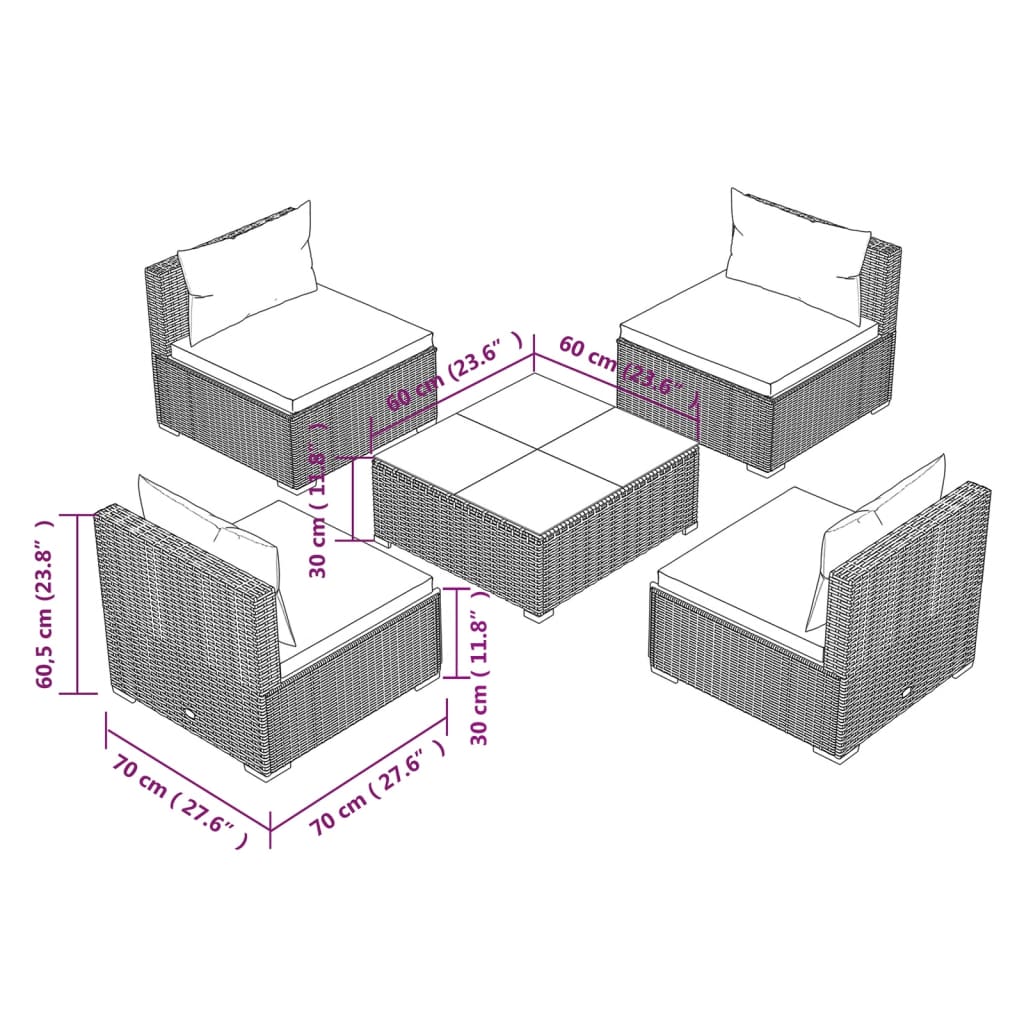 vidaXL Sodo komplektas su pagalvėlėmis, 5 dalių, rudas, poliratanas