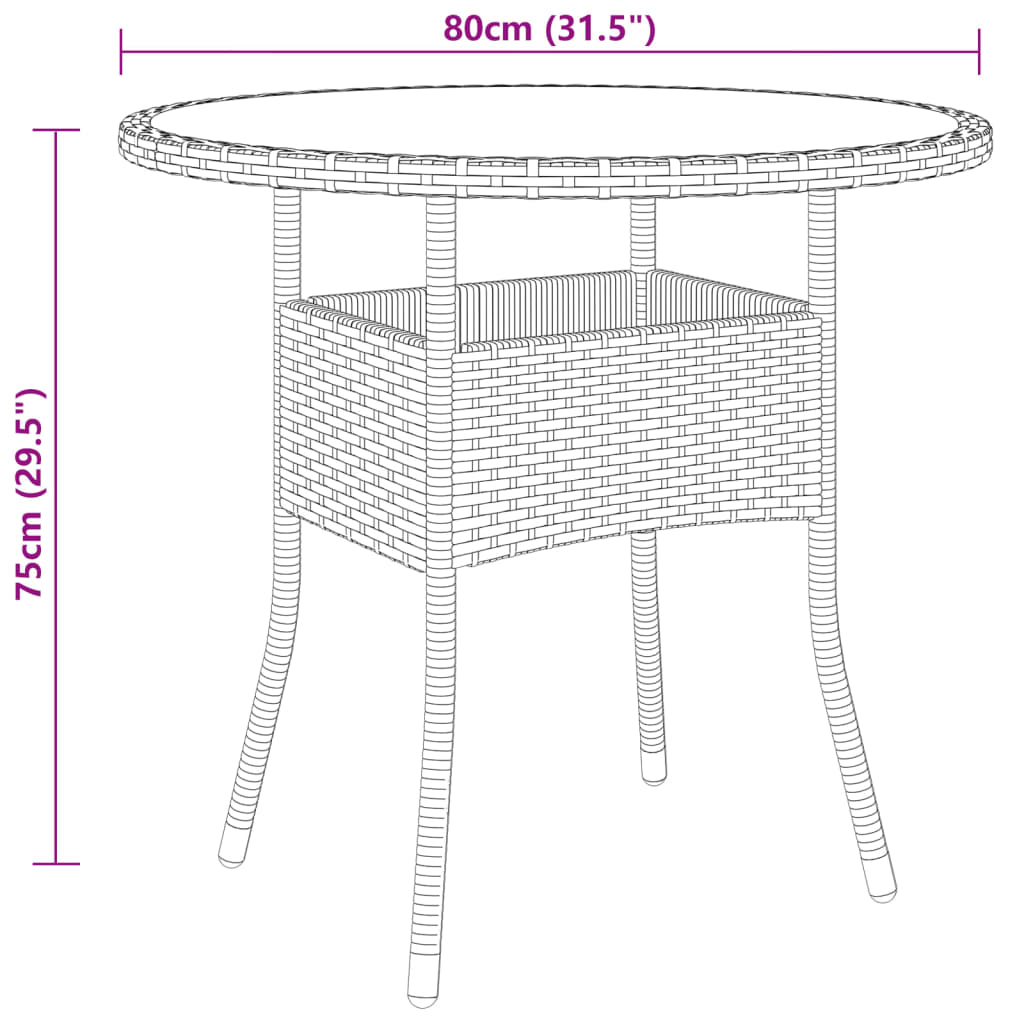 vidaXL Sodo stalas, pilkas, 80x75cm, grūdintas stiklas/poliratanas