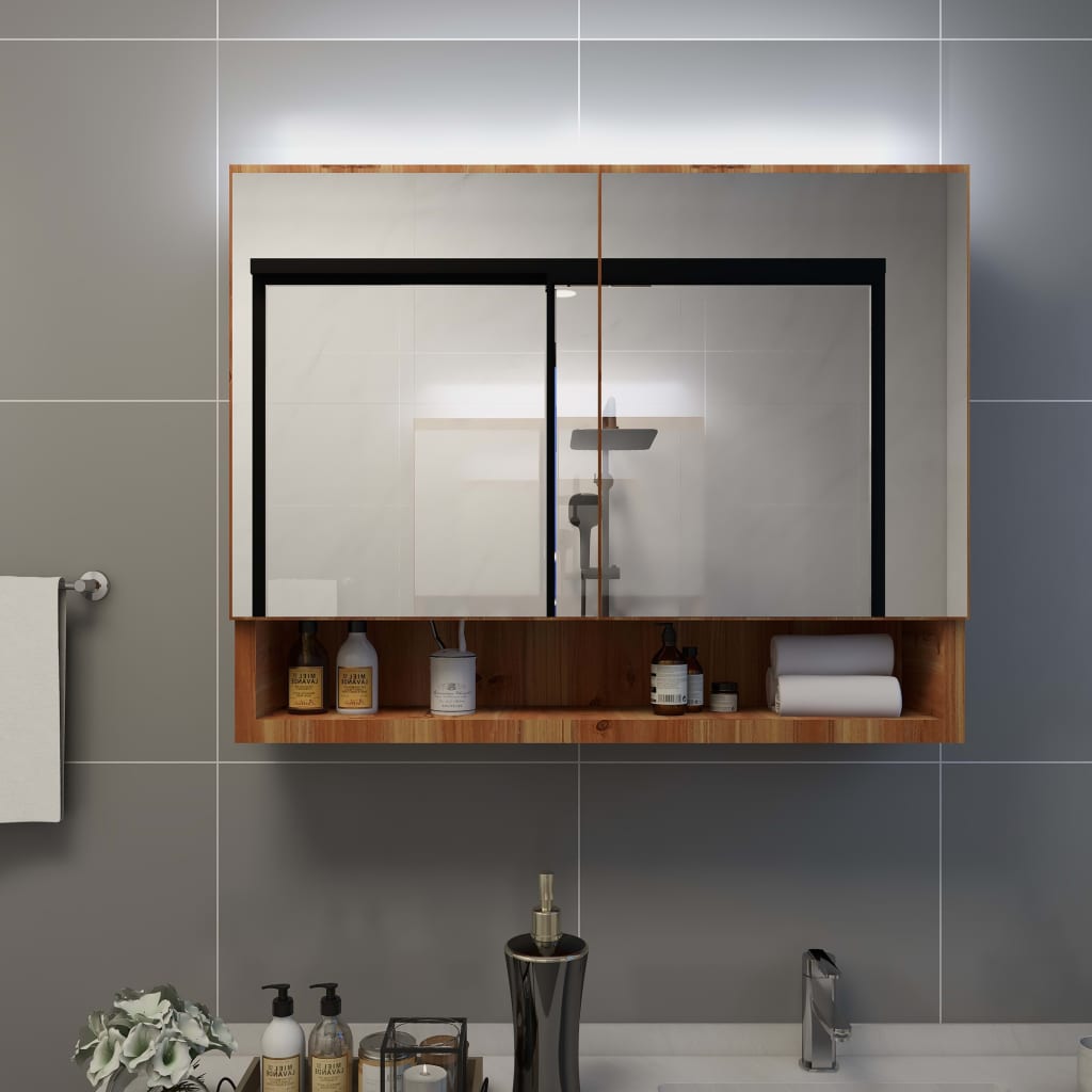 vidaXL Veidrodinė vonios spintelė su LED, ąžuolo, 80x15x60cm, MDF