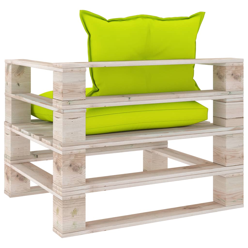 vidaXL Sodo sofa iš palečių su žaliomis pagalvėlėmis, pušies mediena