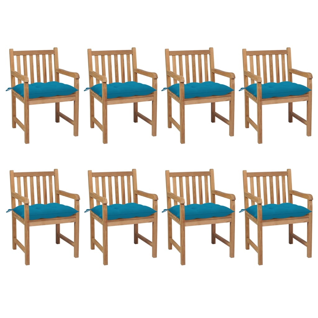 vidaXL Sodo kėdės su šviesiai mėlynomis pagalvėlėmis, 8vnt., tikmedis