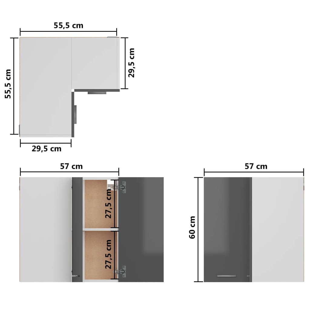 vidaXL Pakabinama kampinė spintelė, pilka, 57x57x60cm, MDP, blizgi