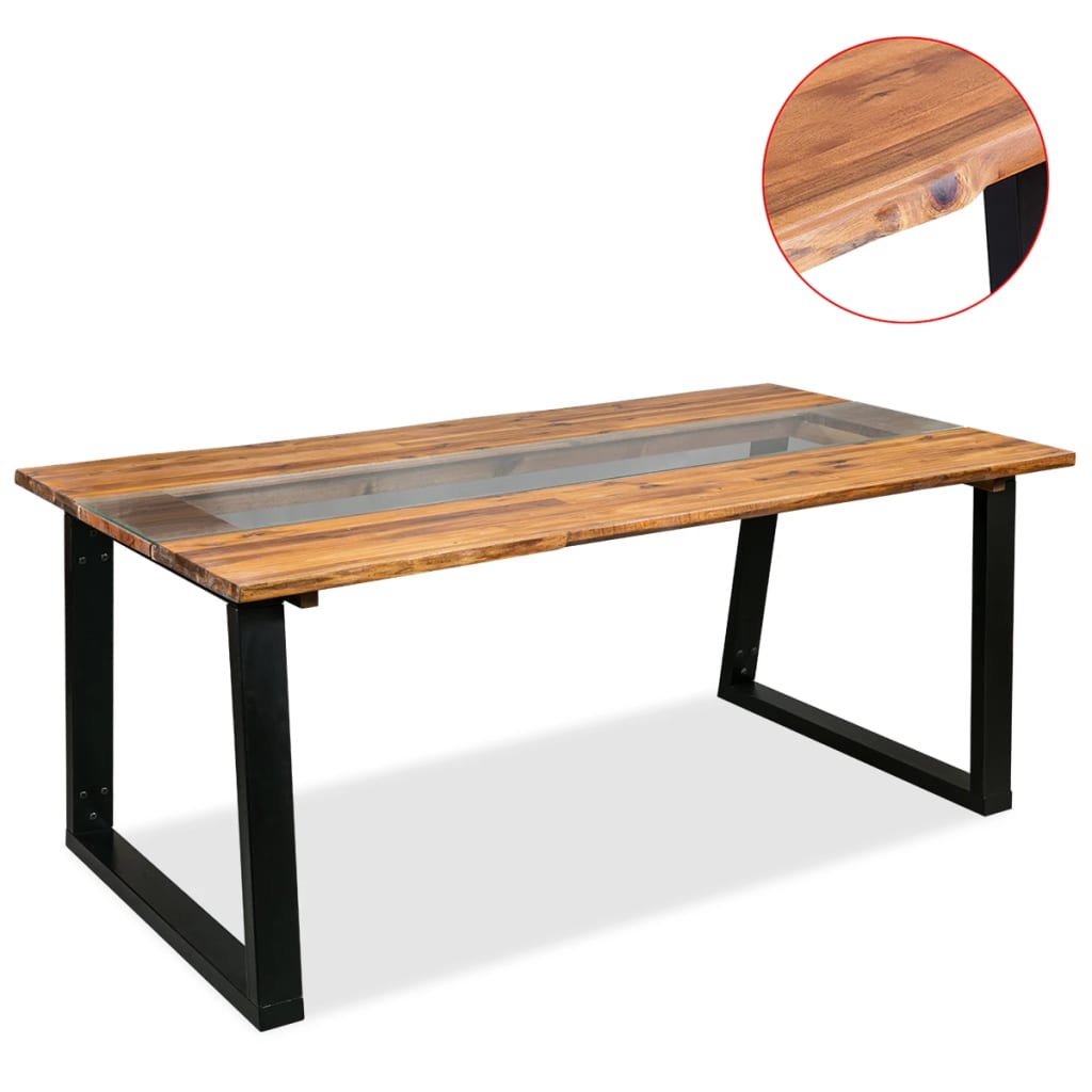 vidaXL Valgomojo stalas, masyvi akacijos mediena, stiklas, 180x90x75cm