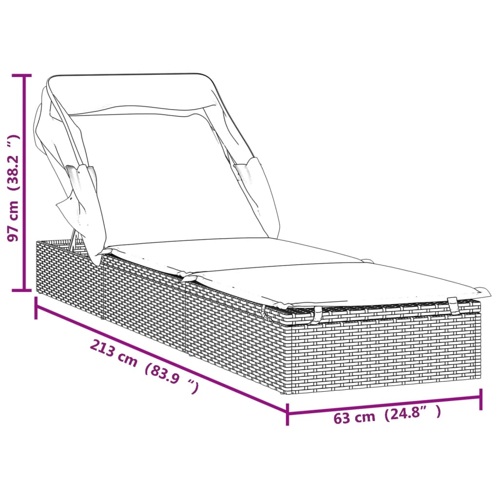 vidaXL Saulės gultas su stogeliu, juodas, 213x63x97cm, poliratanas