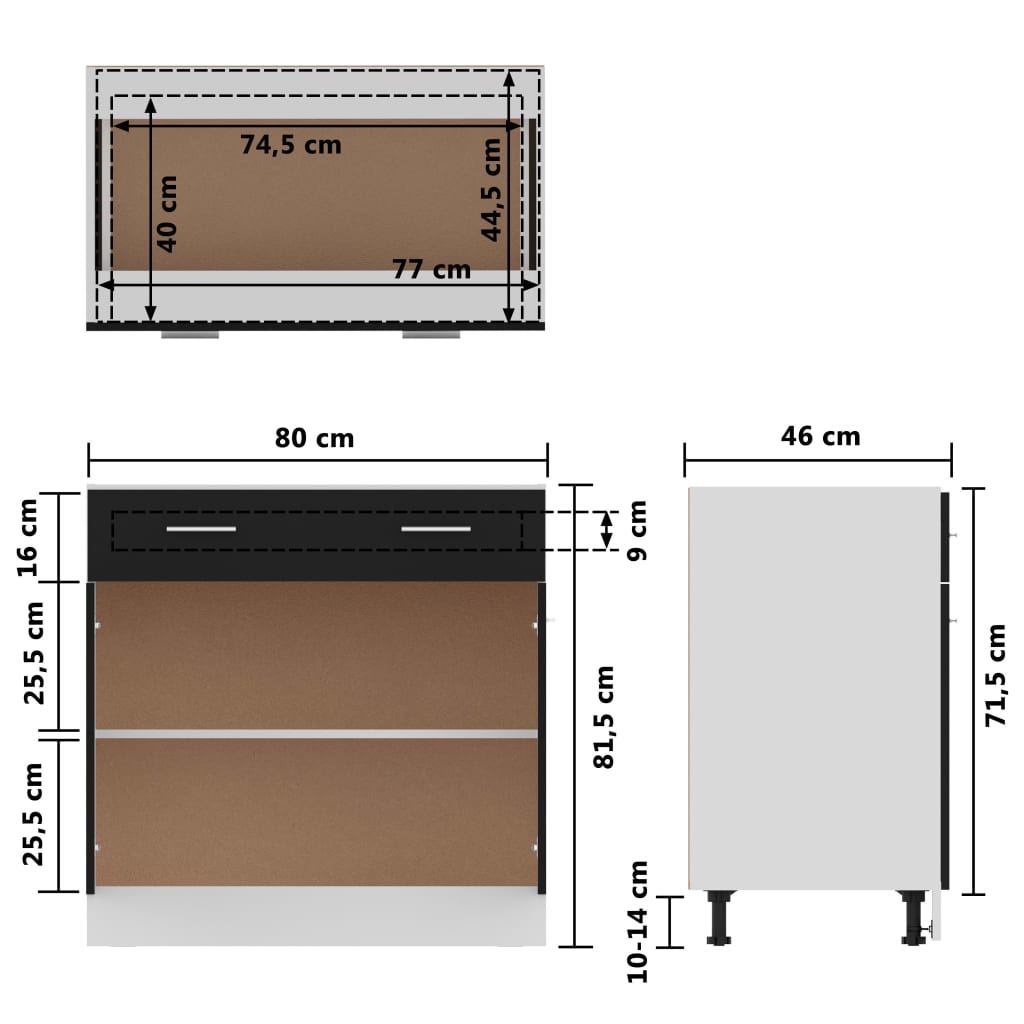 vidaXL Apatinė spintelė su stalčiumi, juoda, 80x46x81,5cm, MDP