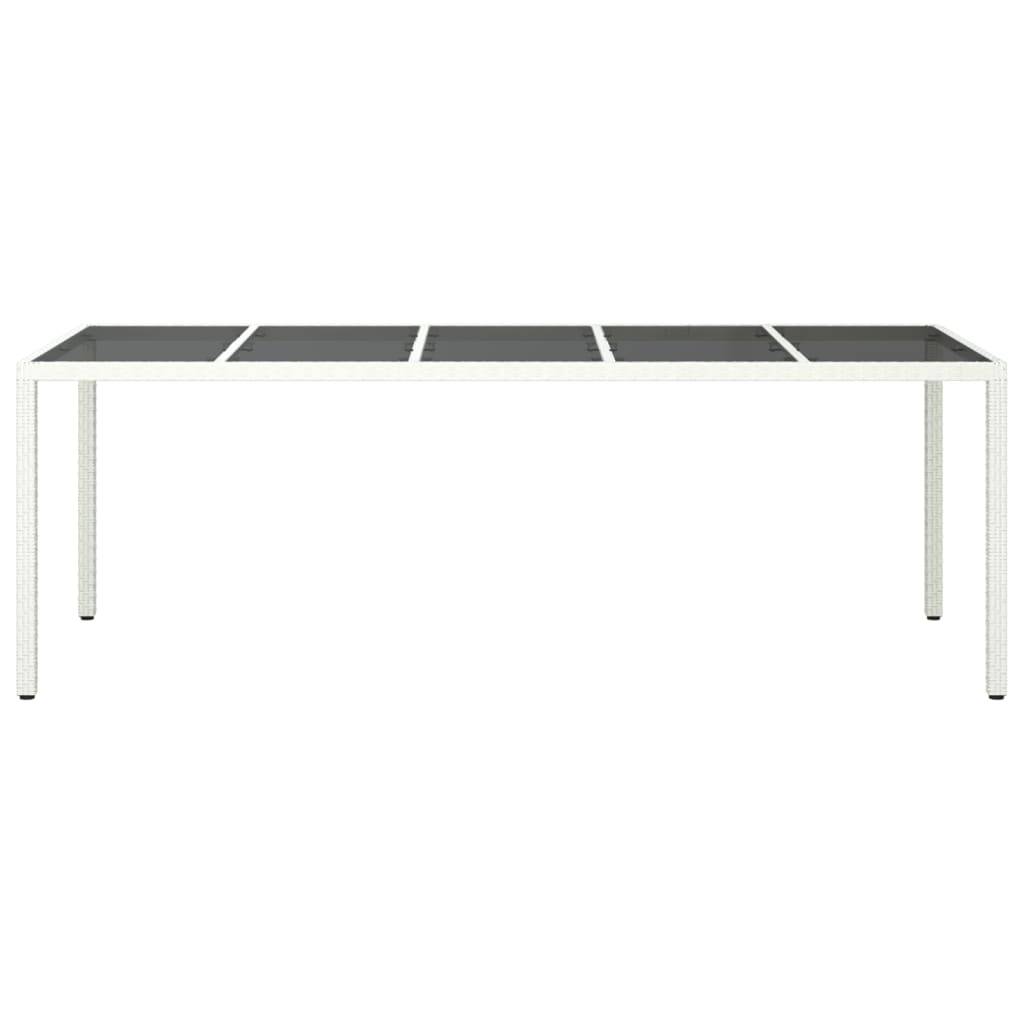 vidaXL Sodo stalas, baltas, 250x100x75cm, poliratanas ir stiklas