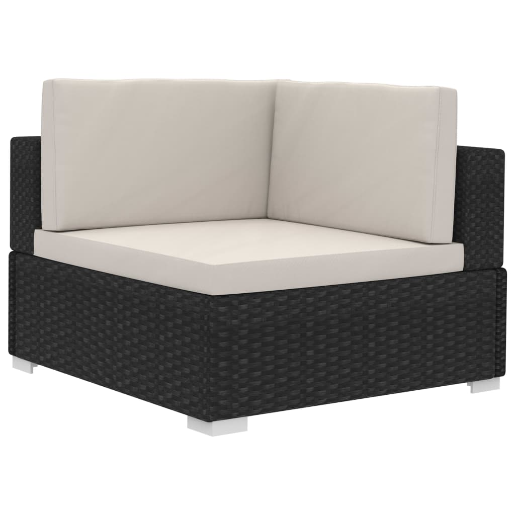 vidaXL Sekcinės kampinės kėdės su pagalvėmis, 2vnt., juodos, ratanas