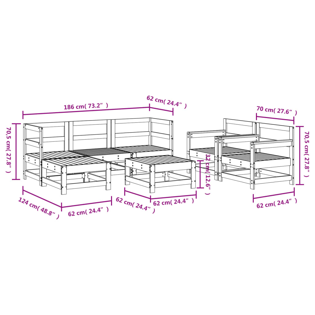 vidaXL Sodo poilsio baldų komplektas, 7 dalių, baltas, pušies masyvas