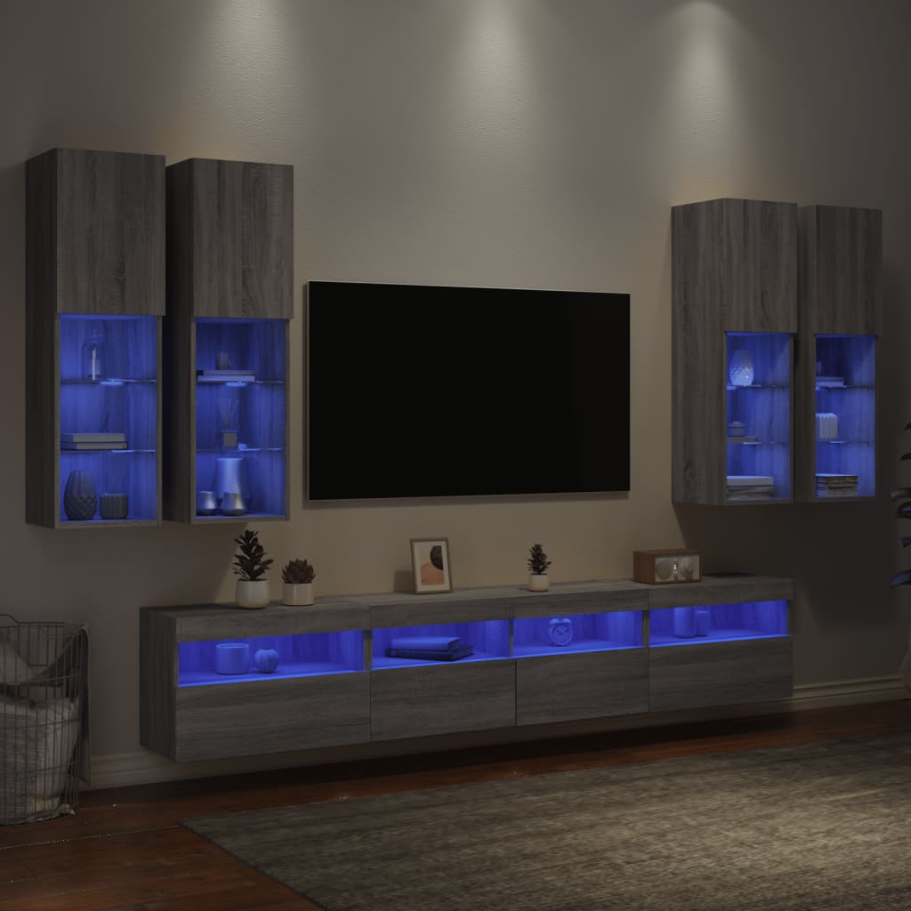 vidaXL Sieninės TV spintelės su LED lemputėmis, 7vnt., pilkos ąžuolo