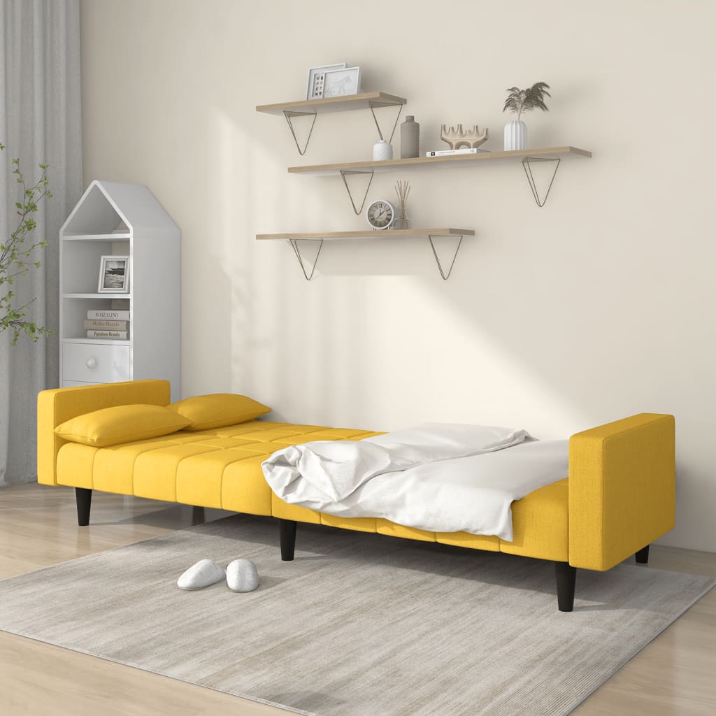 vidaXL Dvivietė sofa-lova su dvejomis pagalvėmis, geltona, audinys