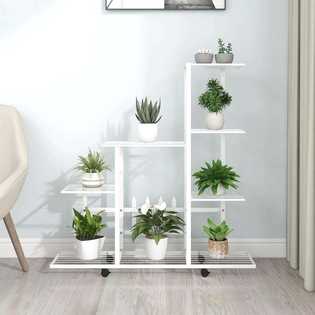 vidaXL Stovas augalams su ratukais, baltas, 94,5x25x92,5cm, metalas