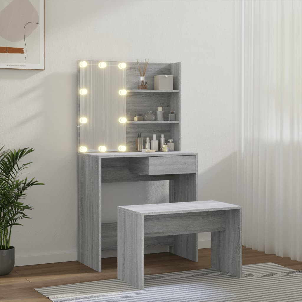 vidaXL Kosmetinio staliuko komplektas su LED, pilkas ąžuolo, mediena
