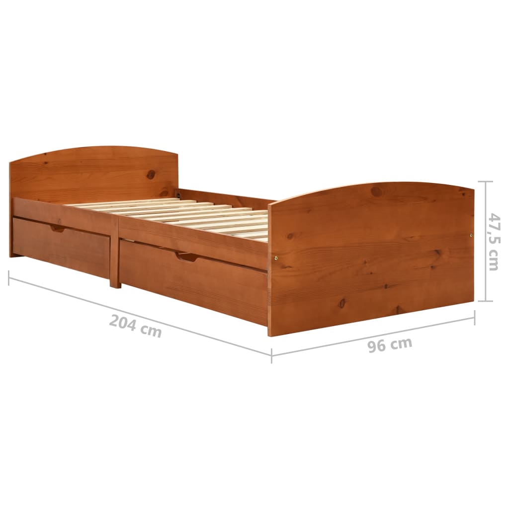 vidaXL Lovos rėmas su 2 stalčiais, medaus rudas, 90x200cm, pušis