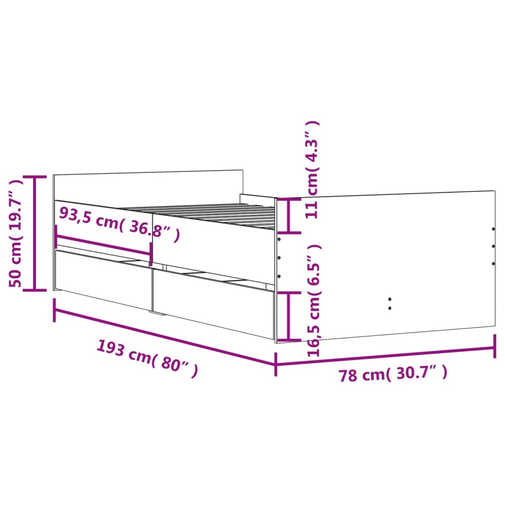 vidaXL Lovos rėmas su stalčiais, ąžuolo, 75x190cm, mažas vienvietis