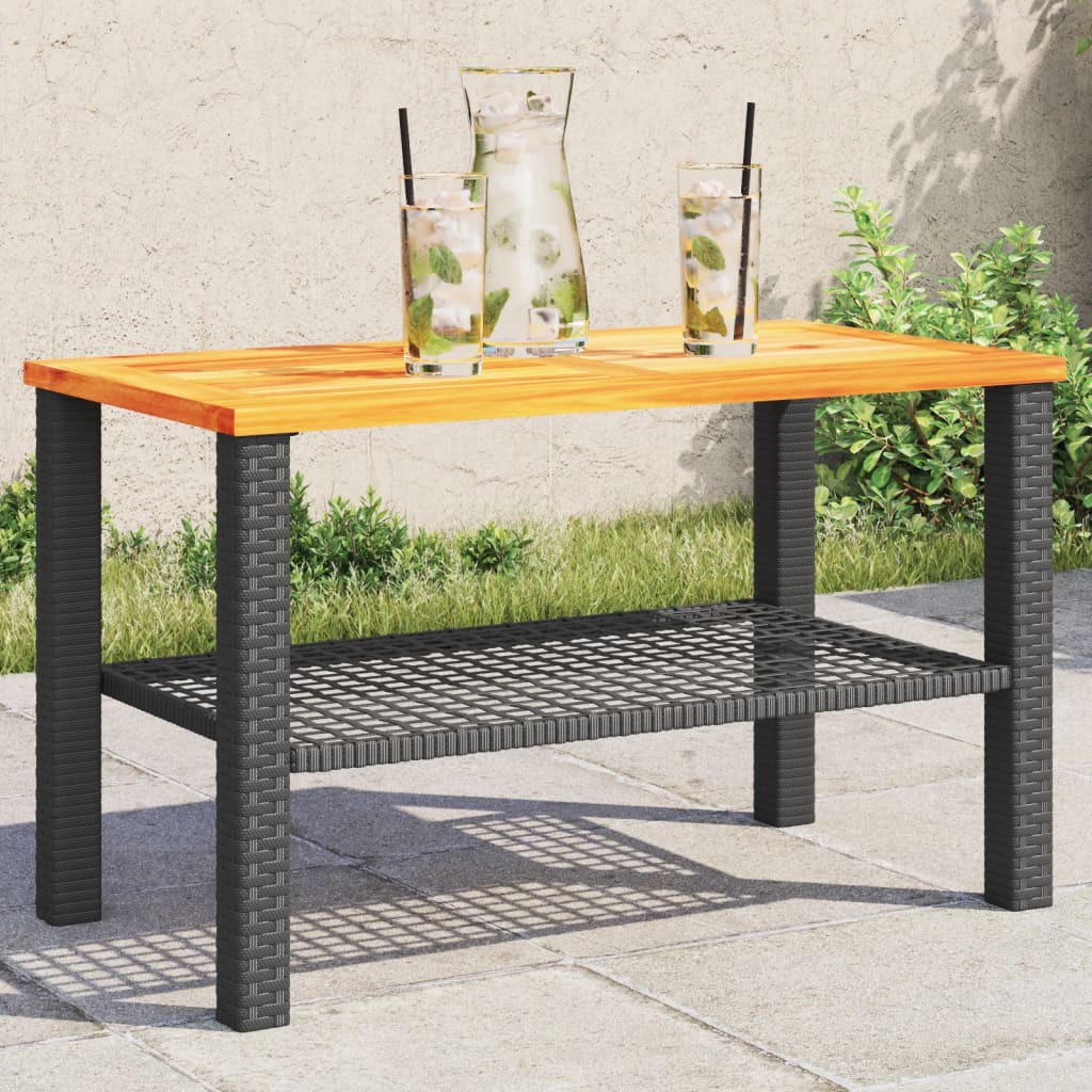 vidaXL Sodo stalas, juodas, 70x38x42cm, poliratanas/akacijos mediena