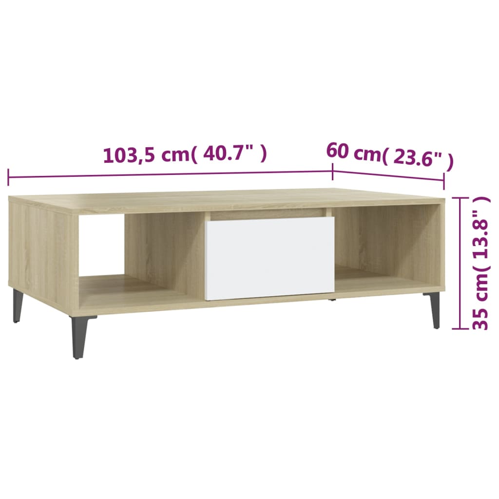 vidaXL Kavos staliukas, baltas/ąžuolo, 103,5x60x35cm, apdirbta mediena