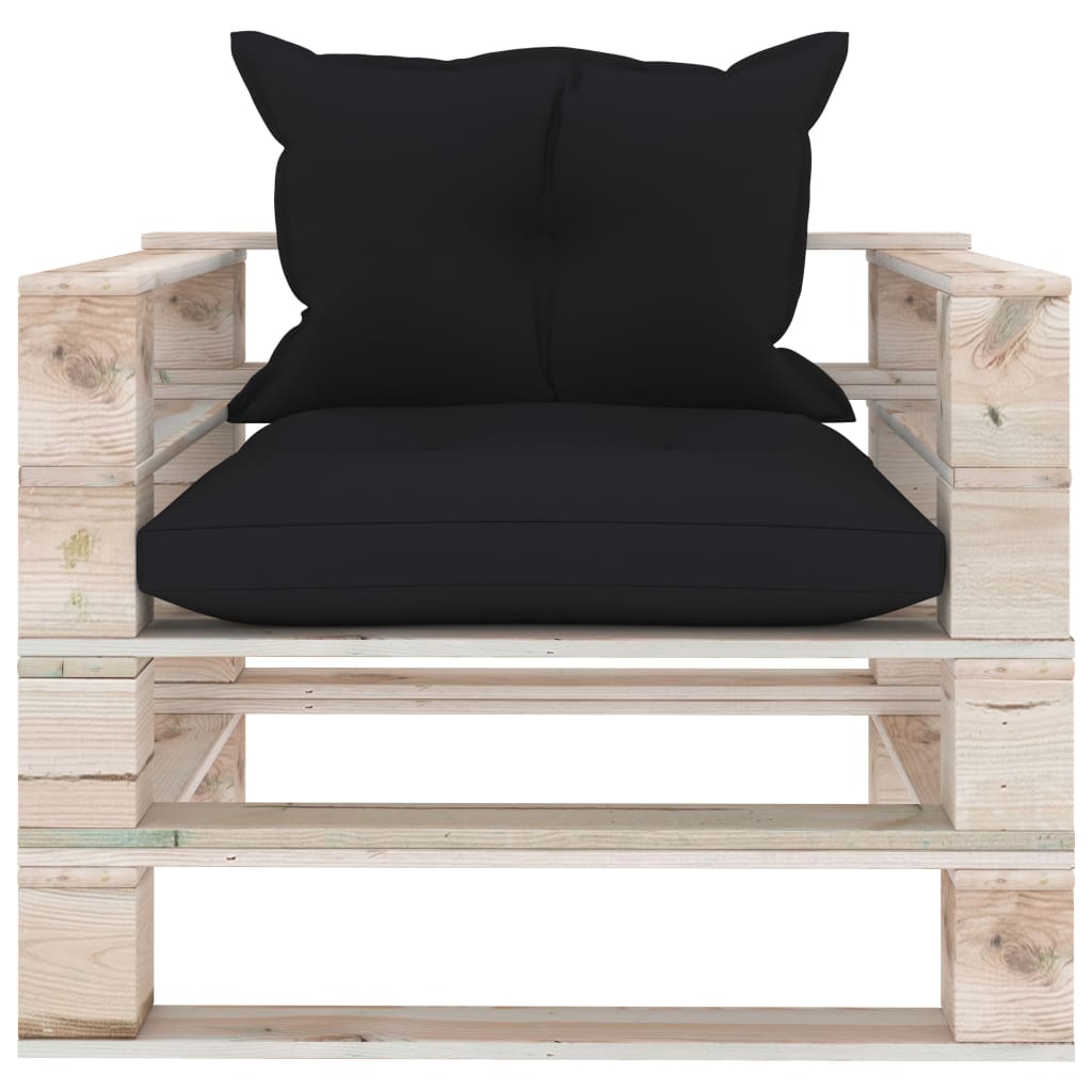 vidaXL Sodo sofa iš palečių su juodomis pagalvėlėmis, pušies mediena