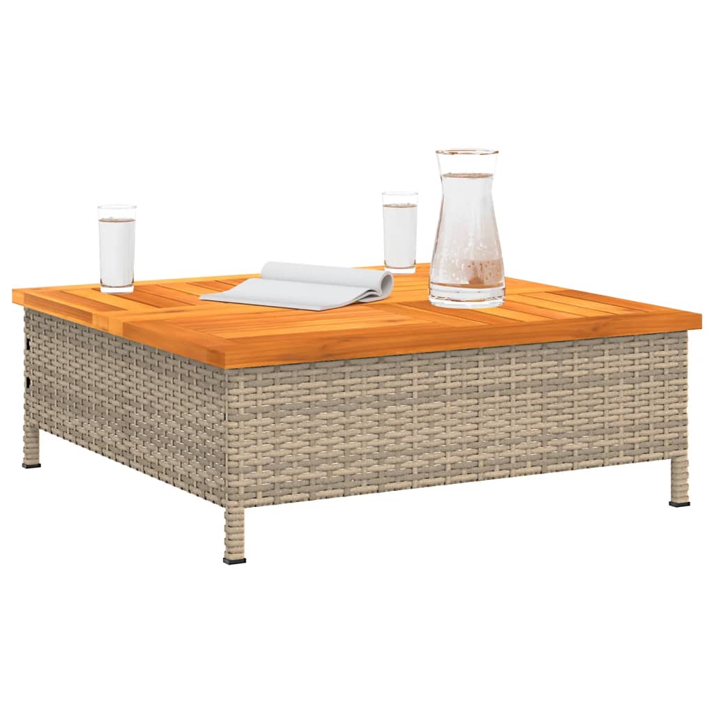 vidaXL Sodo stalas, smėlio, 70x70x25cm, ratanas ir akacijos mediena